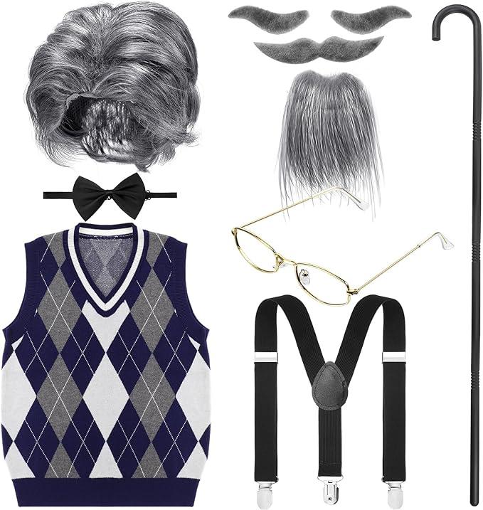 WILLBOND 9 Pcs Old Man Costume for Boys 100th Day of School Kids 1920s Old Person Outfit Halloween Costume Dress Up Small