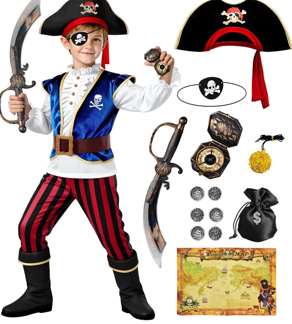 Latocos 16pcs Kids Pirate Costume Toddler Boys Halloween Dress Up Costume with Medallion Pirate Hat Sword Compass Bag Coins 120