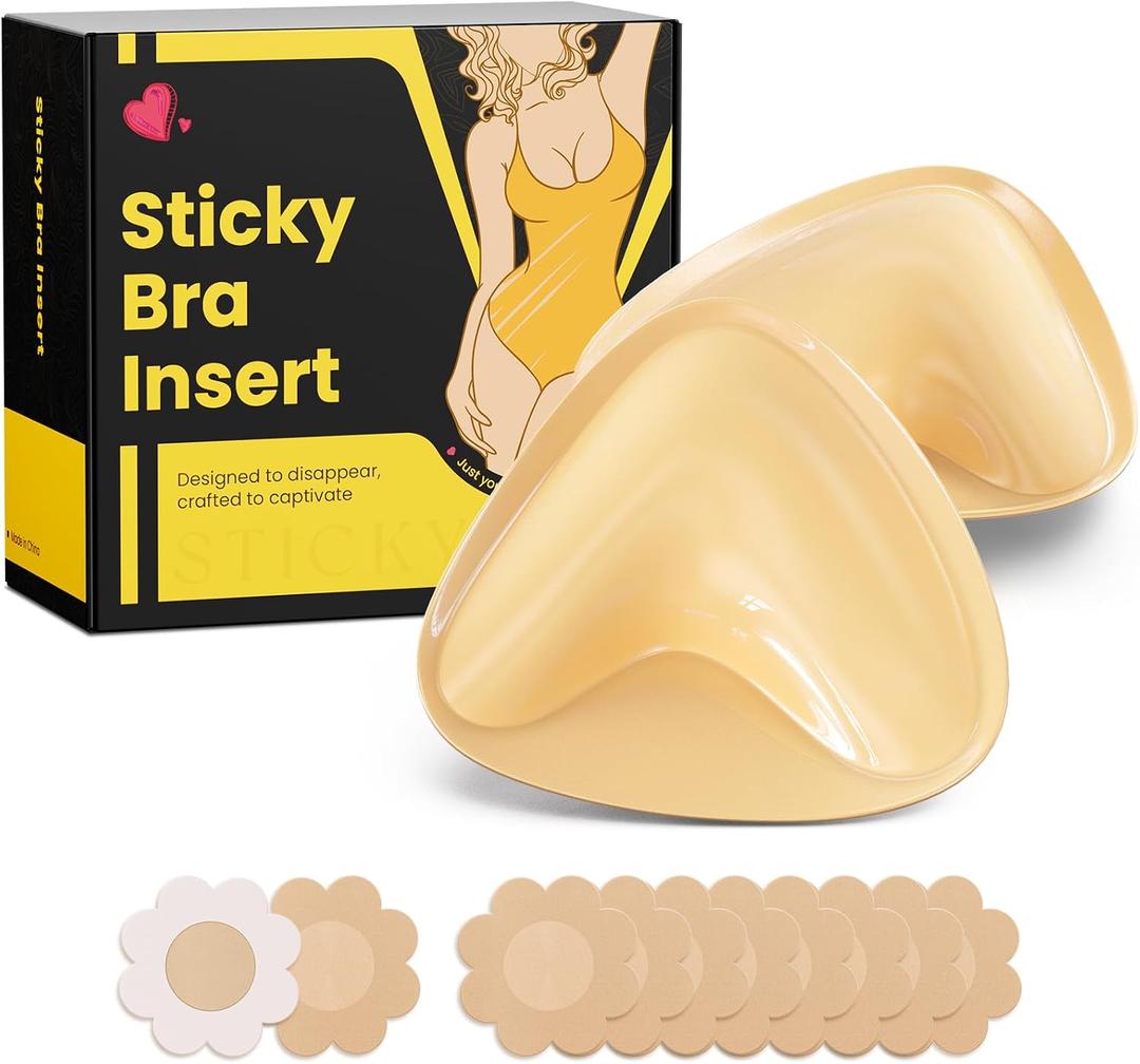 Double Sided Sticky Bra Push Up, Invisible Bra Pad Inserts for Large Breasts, Adhesive Bra for Bikini Swimsuit (Beige, Large) 