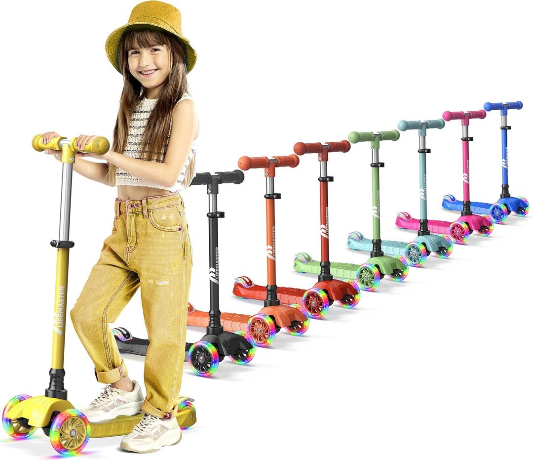 Mini 3-Wheel Kids Scooter with Multi-Color Wheel Lights  4-Height Adjustable Handlebar, Wide Anti-Slip Deck, Child Safety Certified, Boys & Girls Ages 2+ Supports Up to 110 lbs (Yellow)