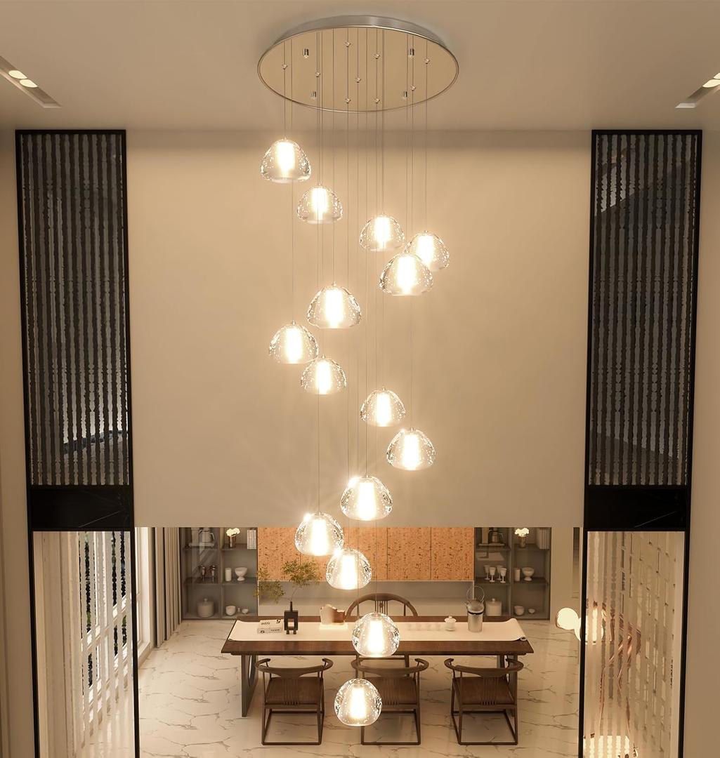 14-Light Modern Chandeliers for Entrance High Ceiling Chandelier Stairwell Long Lights Fixture LED Ceiling Light Bubble Crystal Adjust Hanging Pendants Lighting for Hallway Foyer Living Room