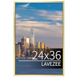 Lavezee 24x36 Poster Frame for Artwork, Puzzles and Photos, Gold Picture Frame Display 24 x 36 Inch Photo Picture Frame for Wall, Metal