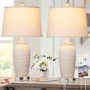 24.3" Farmhouse Jar Table Lamps Set of 2, 3 Way Touch Control Rustic Bedside Lamps with USB A+C Ports & AC Outlet, Pot Nightstand Lamps for Bedroom Living Room (LED Bulbs Included) (Cream)