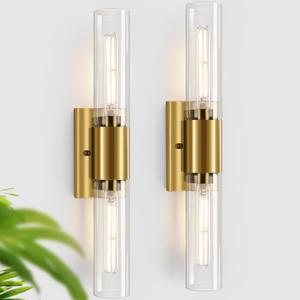 Wall Sconces Set of Two, Gold Bathroom Sconces Wall Lighting with Clear Glass Modern Sconces Wall Light Set of 2 Bathroom Light Fixtures Vanity Light for Bedroom Washroom Hallway Living Room