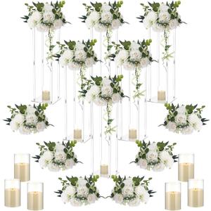 Daifunli 6 Set 20 Inch Acrylic Vase Stand Wedding Centerpieces Holder with Artificial Flower Balls and LED Lights Candles for Wedding Party Table Home Decorations