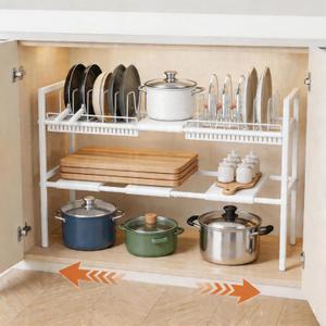 Pots and Pans Organizer Under Cabinet, Expandable Length, Adjustable Height Under Sink Shelf 2 Tier with 10 Dividers Under Cabinet Shelf, Pot and Pan Lid Holder Rack (White)