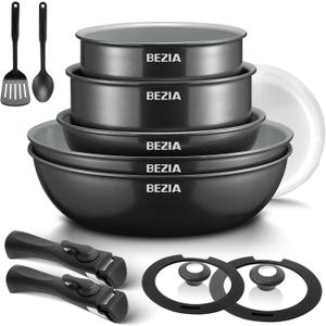 BEZIA Induction Cookware with Healthy Ceramic Coating, Nonstick Pots and Pans Set 13pcs with Detachable Handles, Induction RV Kitchen Set with Removable Handles, Oven Safe