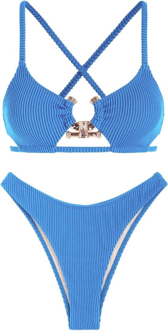 ZAFUL Women's Sexy Cutout Bikini Set High Cut Textured Metal Ring Cheeky Swimsuit Two Piece Bathing Suit (Medium, 1-blue)