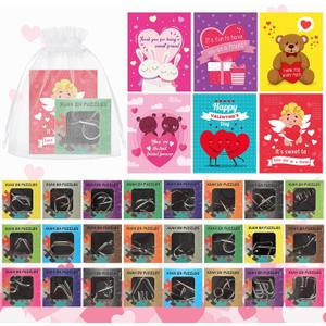 Gemscream 24 Pcs Valentine's Day Metal Puzzles Gifts Box with Cards for Teen Bulk 3D Wire Puzzle Metal Brain Teaser Puzzles Valentine Party Favors for School Classroom Exchange Prize Mind Challenge