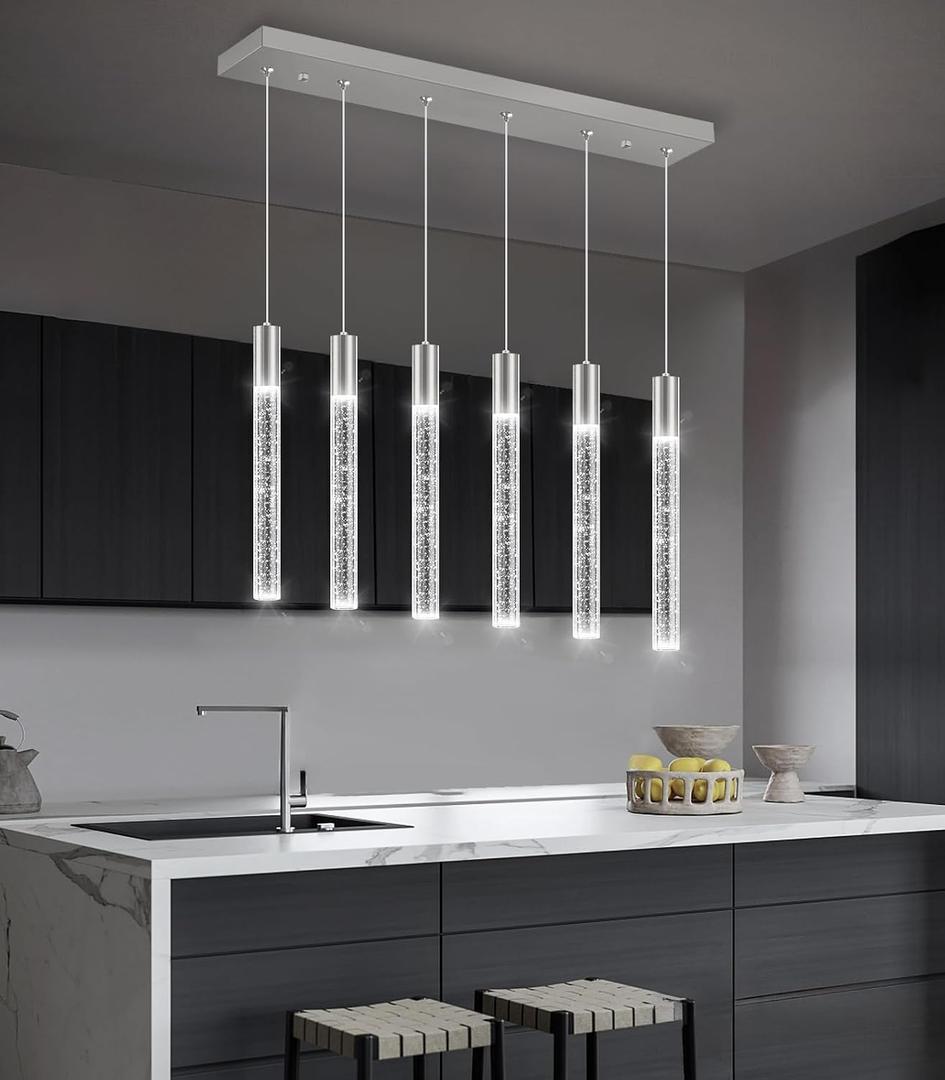 6 Lights Rectangular Crystal Pendant Lights for Kitchen Island LED Dimmable Light Modern Chandeliers Lighting Fixtures for Dining Room Bedroom Hanging Light Brushed Nickel