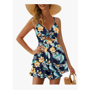 Rompers for Women Sexy Twist V Neck Spaghetti Straps Back Tie Casual Jumpsuits Dressy Floral Shorts Romper Dress, Size Large