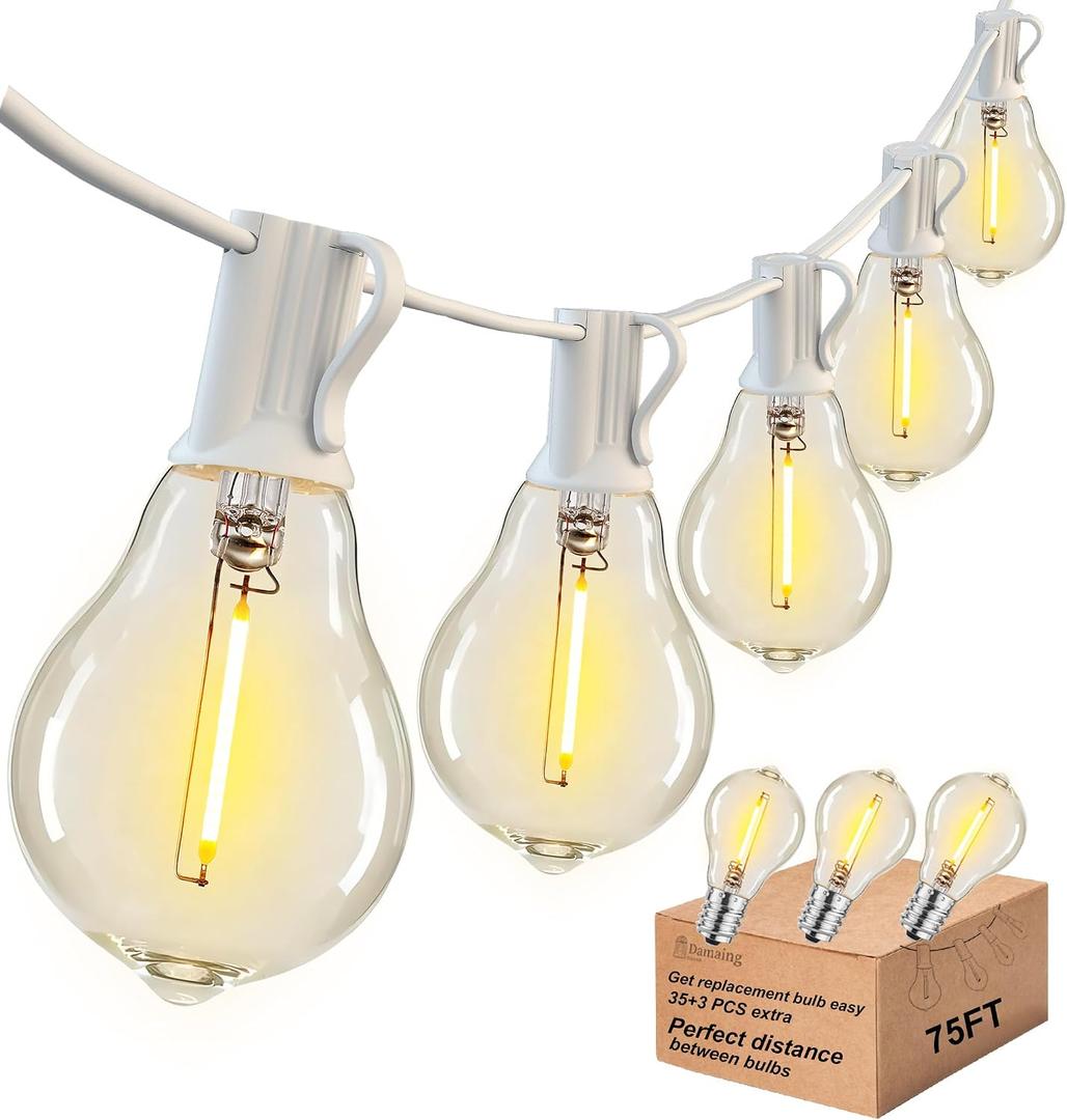 DAMAING Outdoor String Lights 75FT Waterproof Patio Lights with 38 Shatterproof Dimmable Edison LED Bulbs,Connectable Outdoor Lighting for Backyard,Garden and Wedding Outside, 2200K White Cord