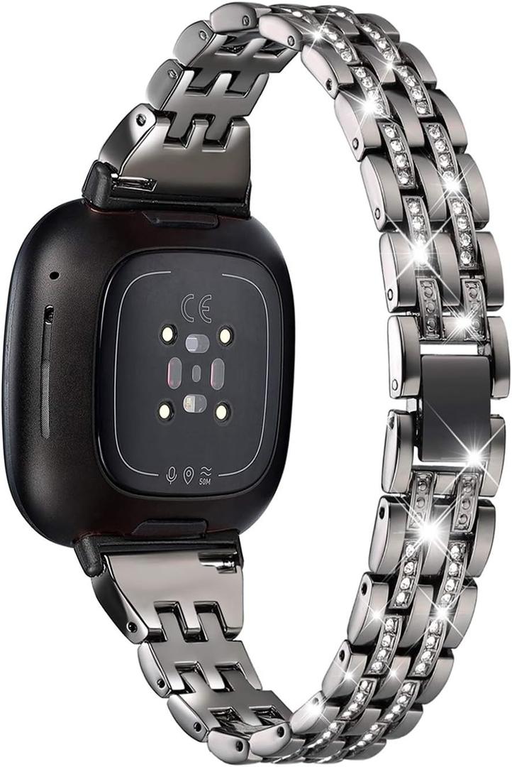 Bling Bands Compatible with Fitbit Versa 4/Sense 2/Versa 3/Sense, Women Dressy Slim Bracelet Metal Replacement Wristbands (Black)