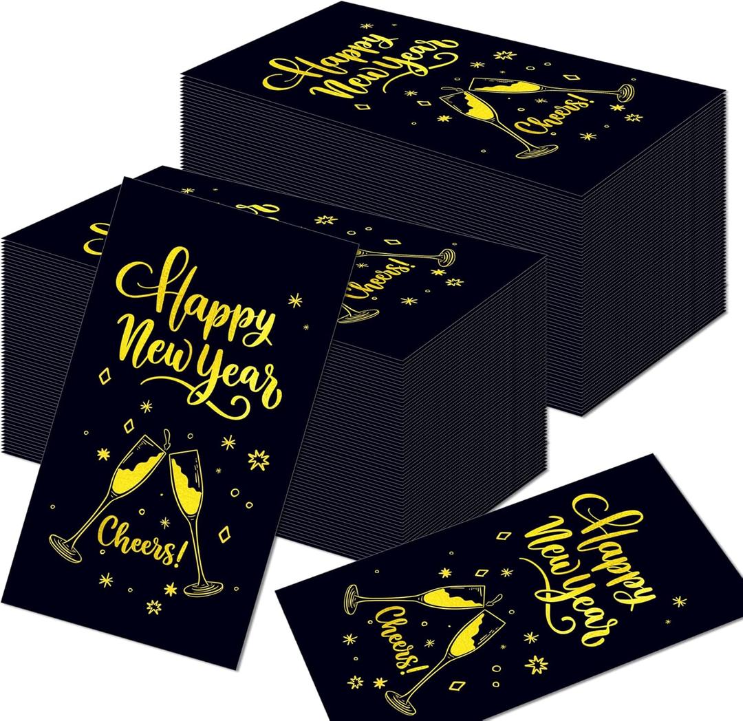 120Pcs New Year Napkins Black Gold Happy New Years Napkins Cheers Cocktail Napkins Decorative Paper Guest Towels for New Years Decorations Holiday Kitchen Birthday Wedding