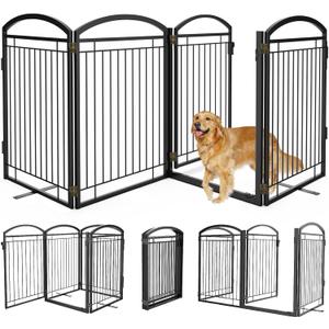 Full Metal Free Standing Dog Gate with Door for Outdoor Indoor,96'' Extra Wide 36'' Tall Dog Gates for Doorways,Large Openings,Decks,Porch,Freestanding Portable Pet Fence(4 Panels,Black)
