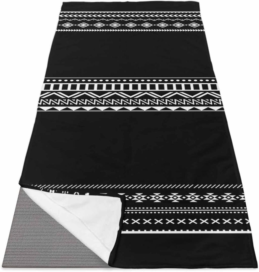Yoga Mat Towel Boho White Polka Dot Geometric Striped Black Non Slip Hot Yoga Mat Towel with Corner Pockets Absorbent Microfiber Yoga Towels for Hot Yoga, Bikram, Pilates, 26x74 Inch