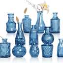 Blue Glass Vase Set of 12, Clear Bud Vase in Bulk, Small Flower Vases for Centerpieces, Mini Vases for Flowers, Vintage Decorative Embossed Vase for Home Decor, Wedding Table Decoration, Gift
