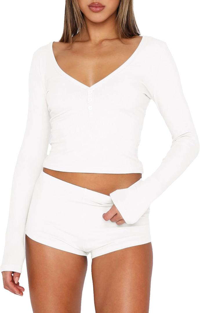 Womens 2 Piece Y2K Pajamas Set Long Sleeve Cropped Top Button Down V Neck Slim Fitted Shorts PJs Outfits Lounge Sets (Small, White)