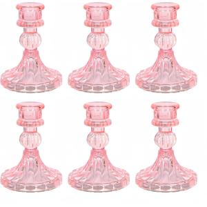Glass Candlestick Holder,Striped Taper Candle Holders,Set of 6 Candle Stand for Table Centerpieces, Home Decor,Weddings,Festival and Parties (Pink Stripe Pattern)