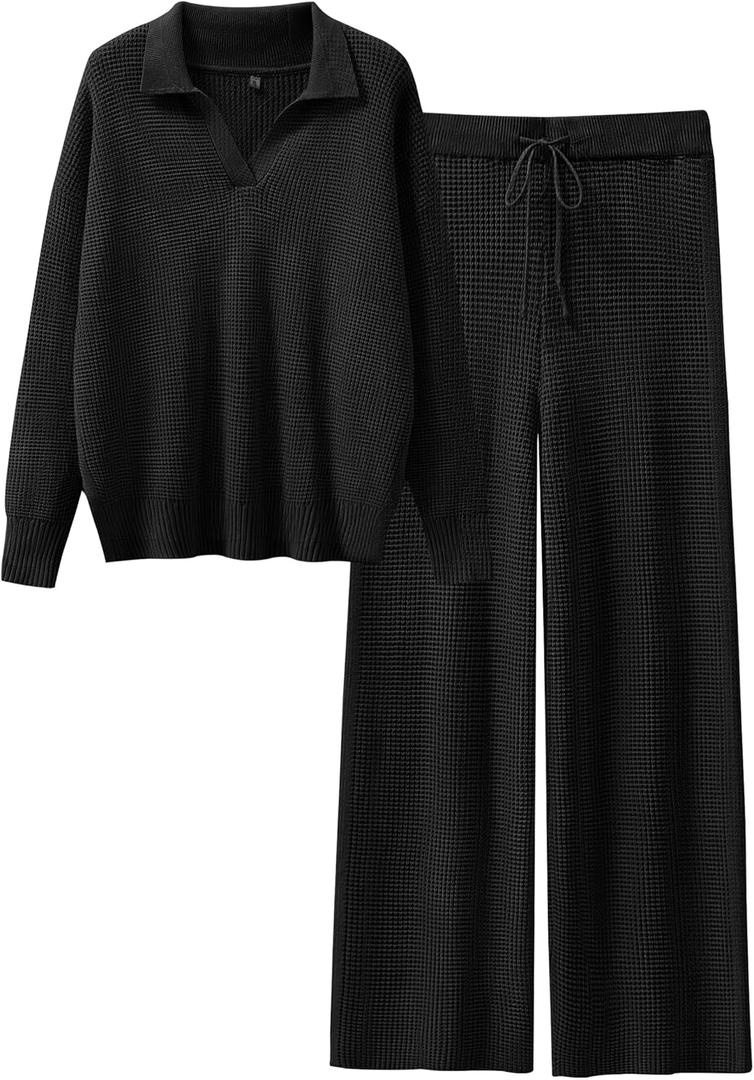 ANRABESS Women Two Piece Outfits Sweater Sets Lounge Waffle Knit Pullover Matching Wide Leg Pants Tracksuit 2025 Fall Fashion, M