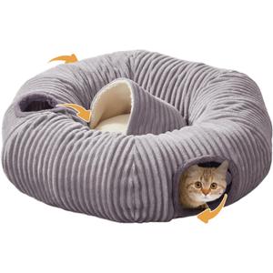 Cat Tunnel Bed for Indoor Cats,Cat Donut Tunnel Toy with Washable Circle Cushion,Blackout Tent, Multifunctional Playground Toys Hideplace for Kitty, Puppy, Rabbit,Ferret (33.5"L x 33.5"W x 10"H, Grey)