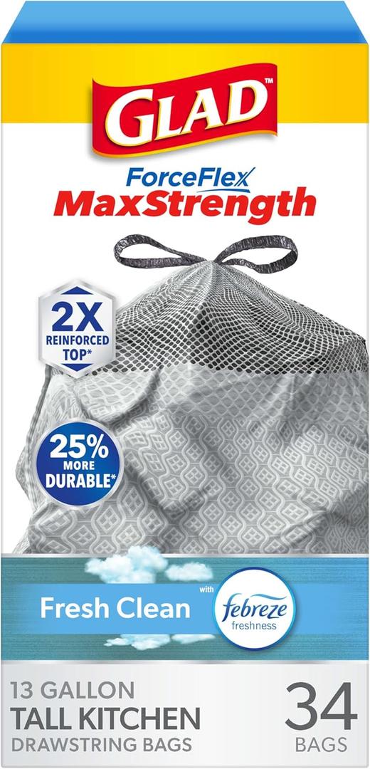 Glad ForceFlex MaxStrength Kitchen Trash Bags, 13 Gal, Fresh Clean Febreze, 34 Ct (Package May Vary)