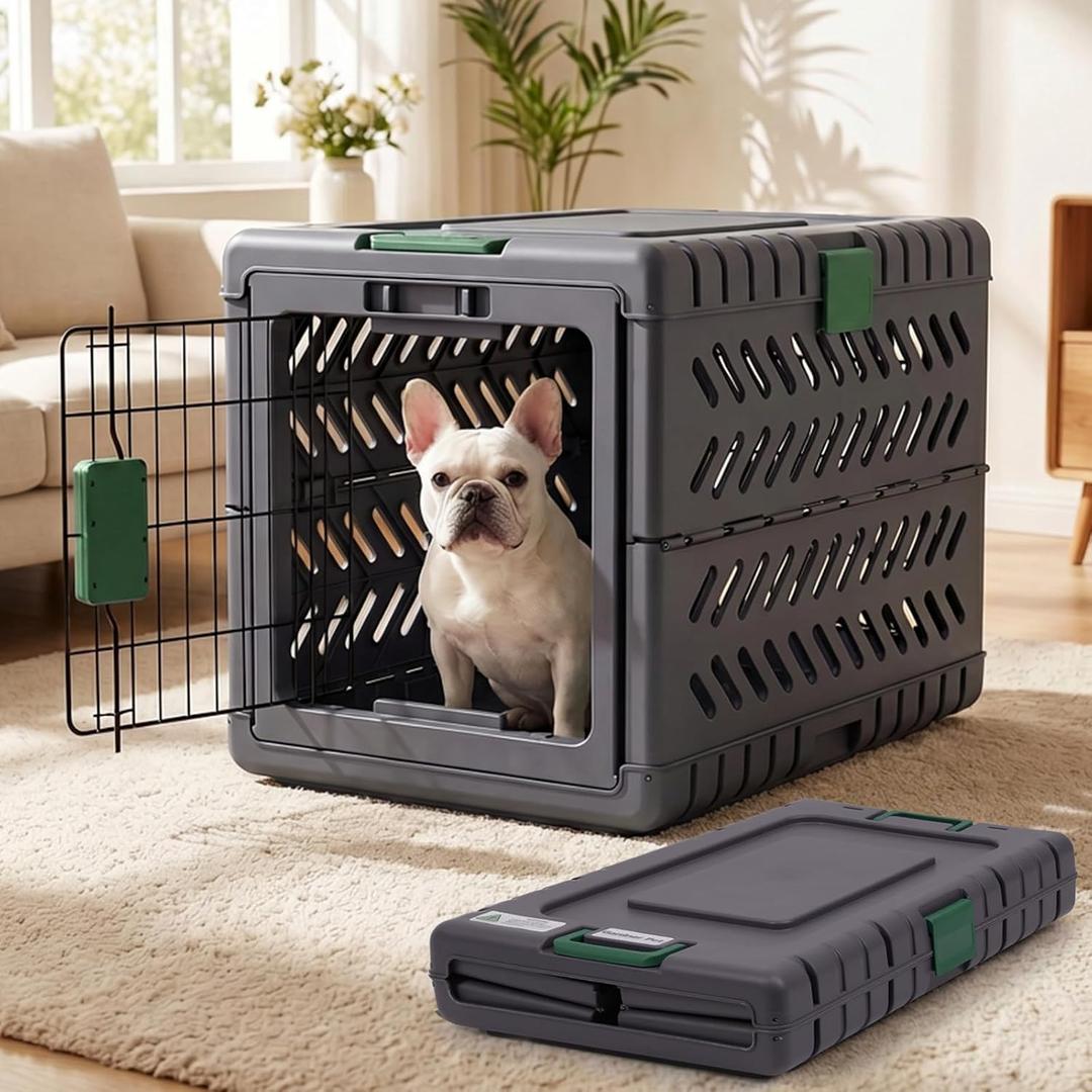 Collapsible Dog Crate for Small/Medium Dogs - 28" L Foldable Dog Cage No-Tool Assembly, Travel Dog Crate with 2 Wheels - Easy to Carry, Space-Saving, Indoor Outdoor Use, Dark Grey, 28”Lx18.3”Wx20.9”H