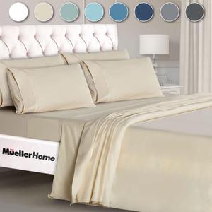 Mueller Luxury 6 Piece Queen Bed Sheets Set - Ultra-Soft 1800 Series, Cooling & Breathable Hotel Quality Bedding, Deep Pocket up to 16" - Hypoallergenic, Wrinkle-Resistant, Oeko-TEX, Cream