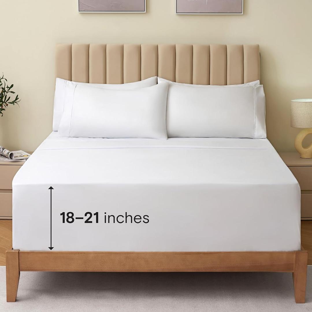 LuxClub 4 PC King Size Sheet Set Bed Sheets Deep Pockets 18" Wrinkle Free Cooling Bed Sheets Machine Washable Hotel Bedding Silky Soft - White King