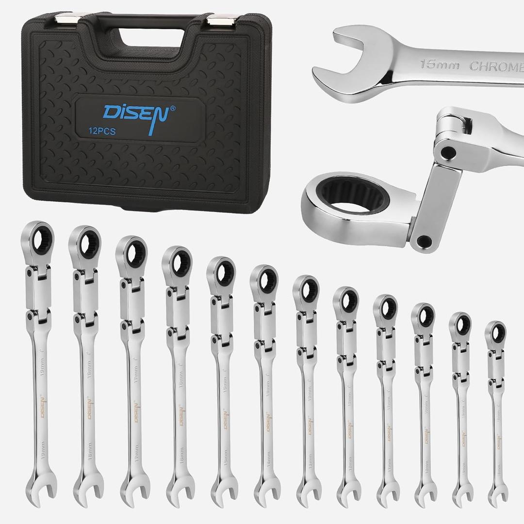 DISEN 12pcs Ratchet Wrenches Set Double Jointed, Metric Flex Head Ratcheting Wrench Set 8-19mm, Open End & Box End Combination Wrench, 72-Teeth, Cr-V Steel, with Heavy Duty Case