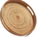 Coffee Table Tray Round Rattan Ottoman Tray Woven Serving Trays with Handles for Home and Kitchen Decorative Natural (Large 14 inch x 2.4 inch)