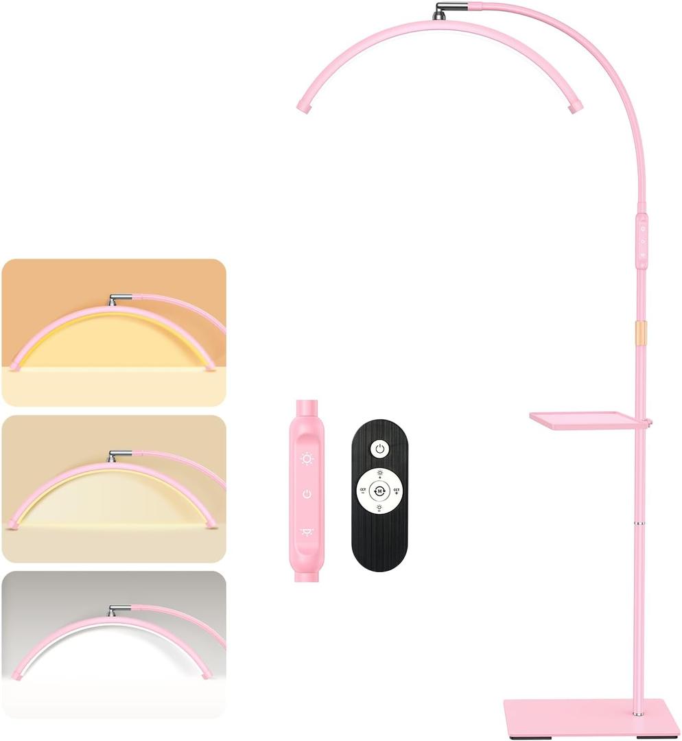 Lash Light, Bright and Large Half Moon Light for Eyelash Extensions, Nails and Tattoos, Flexible Gooseneck LED Floor Moon Lamp, Adjustable Brightness and Height, with Tool Tray (Pink)