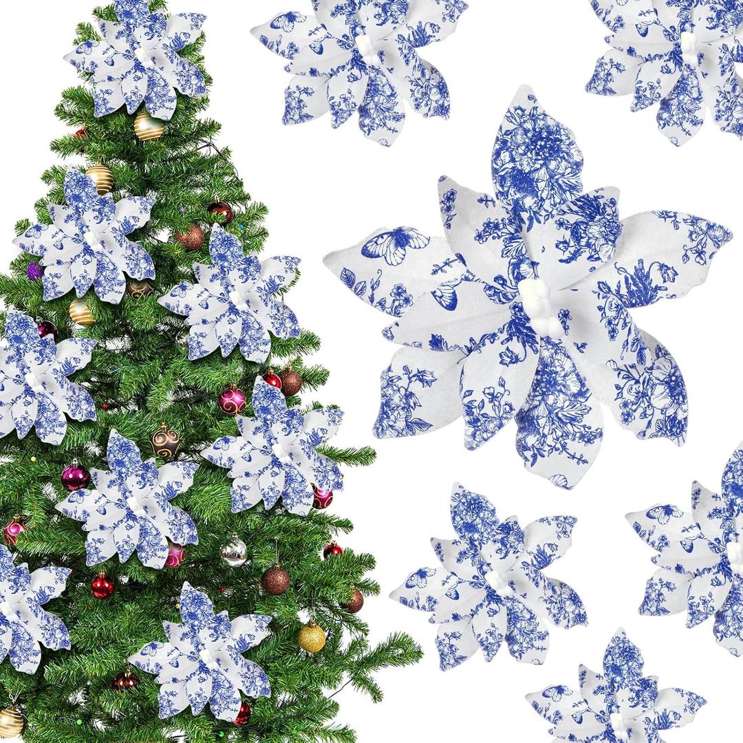 Janinka 8 Pcs Chinoiserie Christmas Large Decorations for Tree 10.6 Inch Blue White Chinoiserie Style Poinsettia Floral Picks Large Chinese Fabric Artificial Flower Stems for Xmas Tree Decor Party