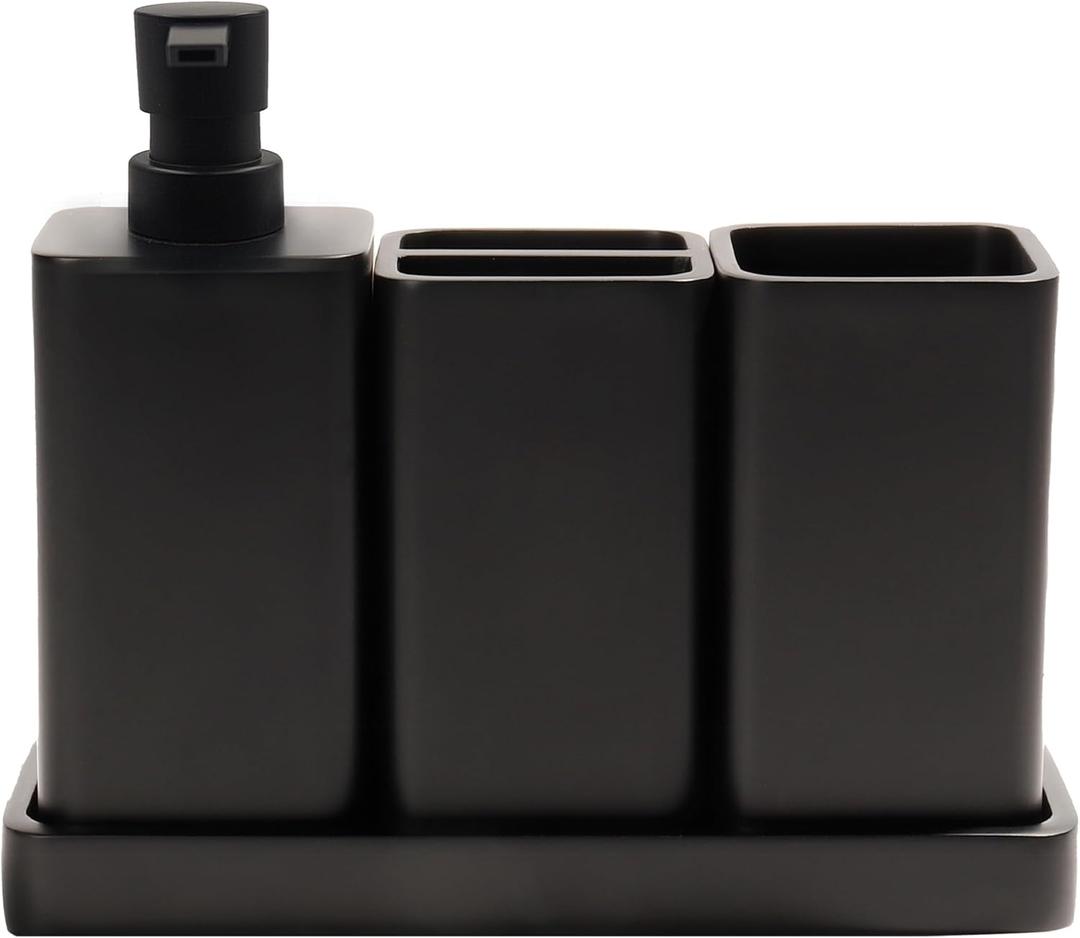 YMXYJM Bathroom Accessories Set, 4 Pcs Bathroom Accessory Set, Soap Dispenser, Toothbrush Holder, Qtip Holder Set, Bathroom Sets Complete, Bathroom Sink Set for Modern Home,Matte Black