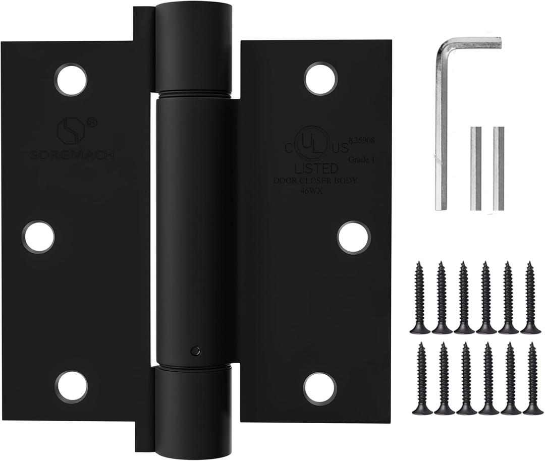 Self Closing Hinge 3.5 Inch Matte Black Auto Close Door Hinges Adjustable 3 1/2 Inch Spring Hinges 3 ½"x 3 ½" Door Closer Hinge Square Corner for Commercial Grade Auto Self-Closing UL Listed, 2 Pack