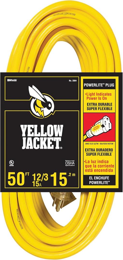 Southwire Yellow Jacket Heavy Duty Extension Cord - Reliable Outdoor Power for Tools & Equipment - Lighted End with Weather Resistant SJTW Jacket - 50 Foot