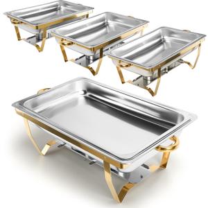 Chafing Dishes for Buffet, 4 Pack Chafing Dish Buffet Set, 9QT Elegant Gold Colors Stainless Steel with Folding Frame Chafing Dish Buffet Set, Food Warmers for Parties, Weddings, Holiday, etc