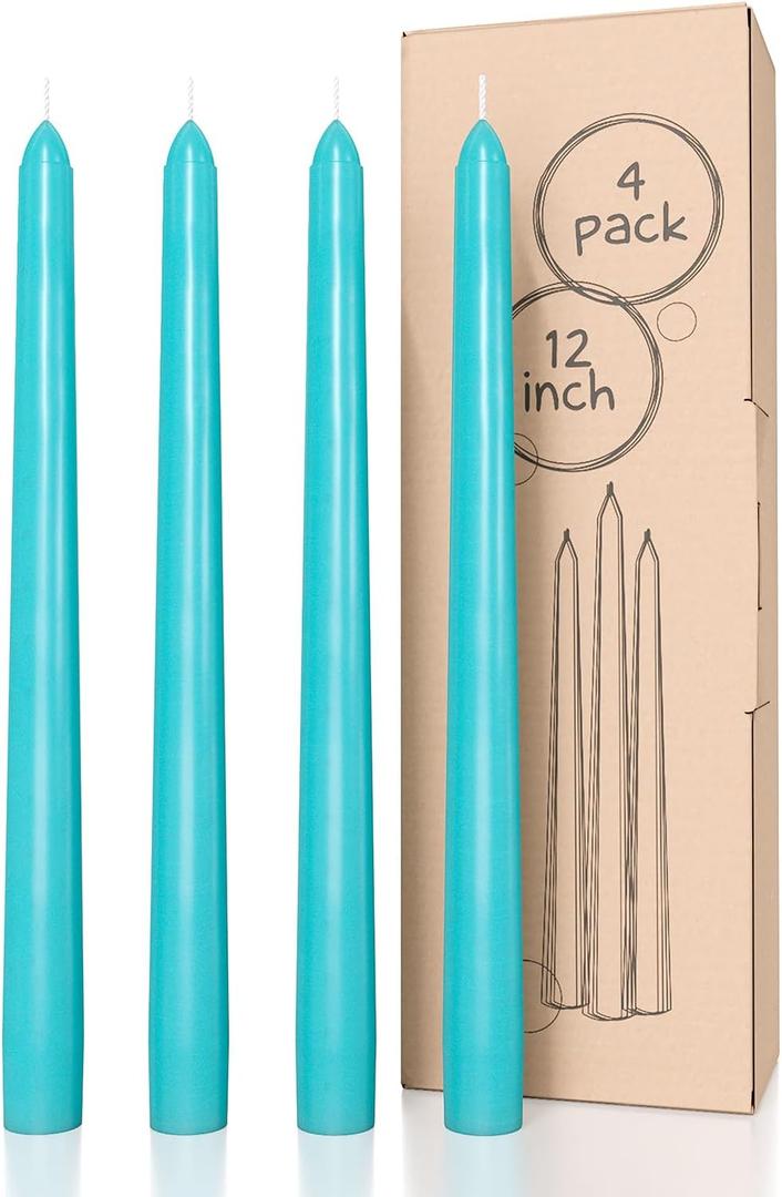 CANDWAX 12 inch Taper Candles - Set of 4 - Dripless and Smokeless - Unscented - Slow Burning - Turquoise