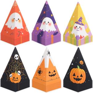 Ctosree 36 Pcs Halloween Treat Boxes Cone Halloween Boo Candy Box Bulk Pumpkin Ghost 6 Patterns Goodie Cookies Snack Boxes for Kid Trick or Treat School Party Favor Supplies Decoration (Cute)