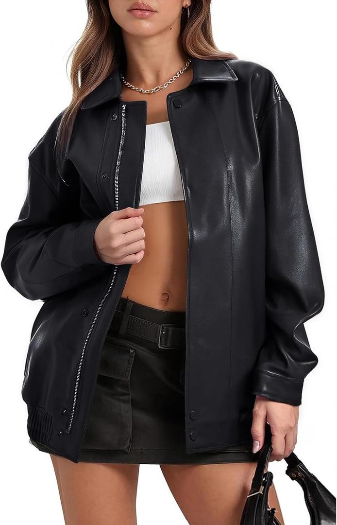 Womens Oversized Faux Leather Jackets Moto Biker Zip Up Bomber Coat Black, Large