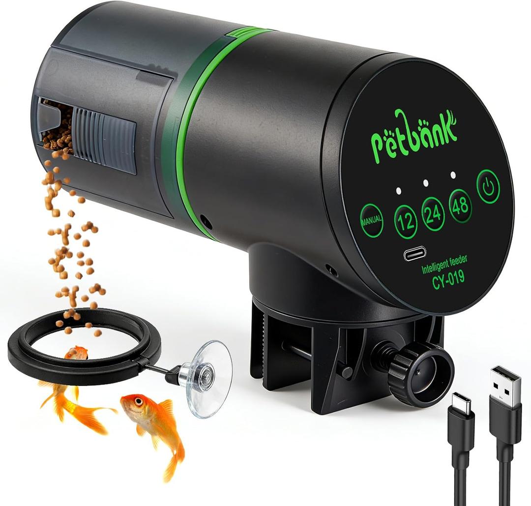 Automatic Fish Feeder for Aquarium - Auto Fish Food Dispenser Rechargeable for Small Large Tank with USB Charger Cable12/24/48H Interval Esay Set Up (Black, CY-019)