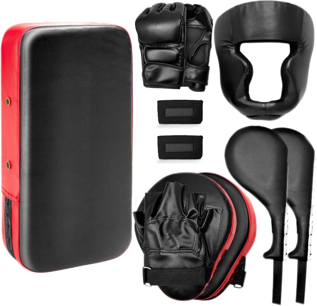 10 In1 Punching Mitts Kick Pad Set Taekwondo Pads Boxing Mitts Focus Pads Boxing Gloves Safety Head Guard Wrist Band for Kickboxing, Karate, Muay Thai, MMA Training (Black)