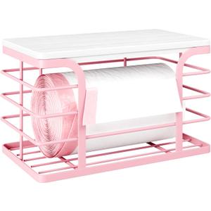 Small Grocery Bag Holder,Wall Mount Trash Bag Holder Dispenser with Bamboo Top,Suitable for Garbage Bags of 100 Rolls under 13 Gallons,Pink