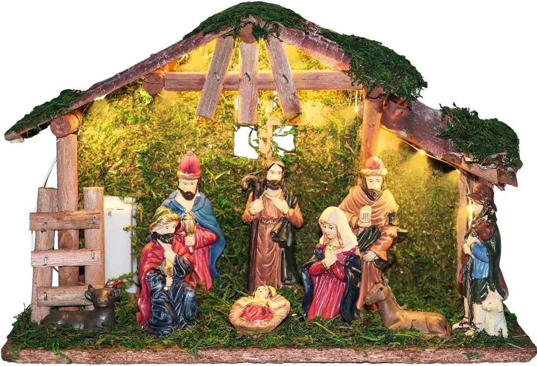 Nativity Sets for Christmas Indoor with LED Light The Real Life Naticity Scene 10-Piece Christmas Nativity Set with Resin Nativity Figures and Wooden Stable