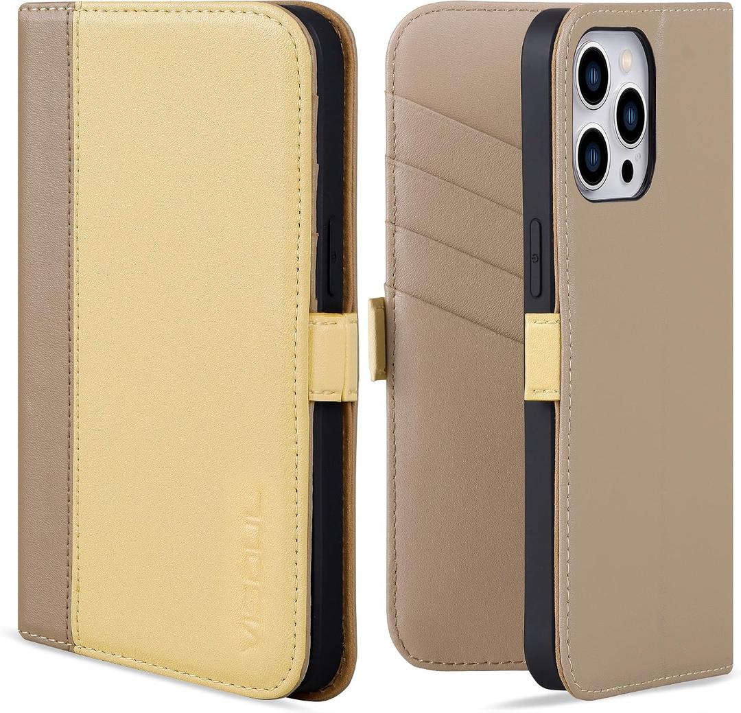 VISOUL Phone Case Wallet for iPhone 15 Pro Max, Genuine Leather Folio Case with Card Holder Magnetic Flaps Closure Designed for iPhone 15 Pro Max(6.7-inch)(Yellow+Apricot)