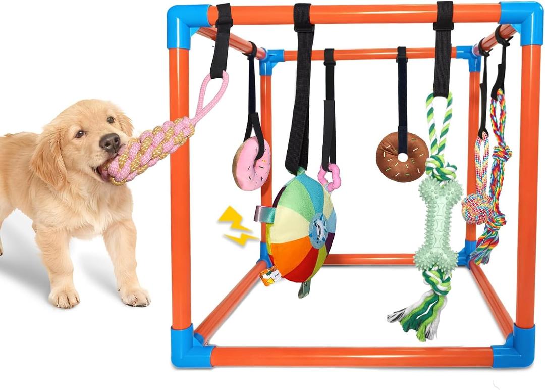 Puppy Play Gym with 8 Hanging Toys  Removable Dog Enrichment Playground, Indoor Jungle Gym & Activity Center for Small Dogs, Adjustable PVC Frame with Bungee Straps and Squeaky Toys