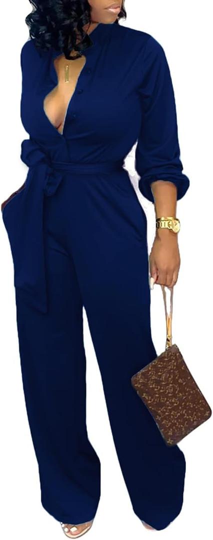 SxClub Jumpsuits for Women Formal Sexy Elegant Long Straight Pants Busineess Party Jumpsuit with Belt Pockets (L)