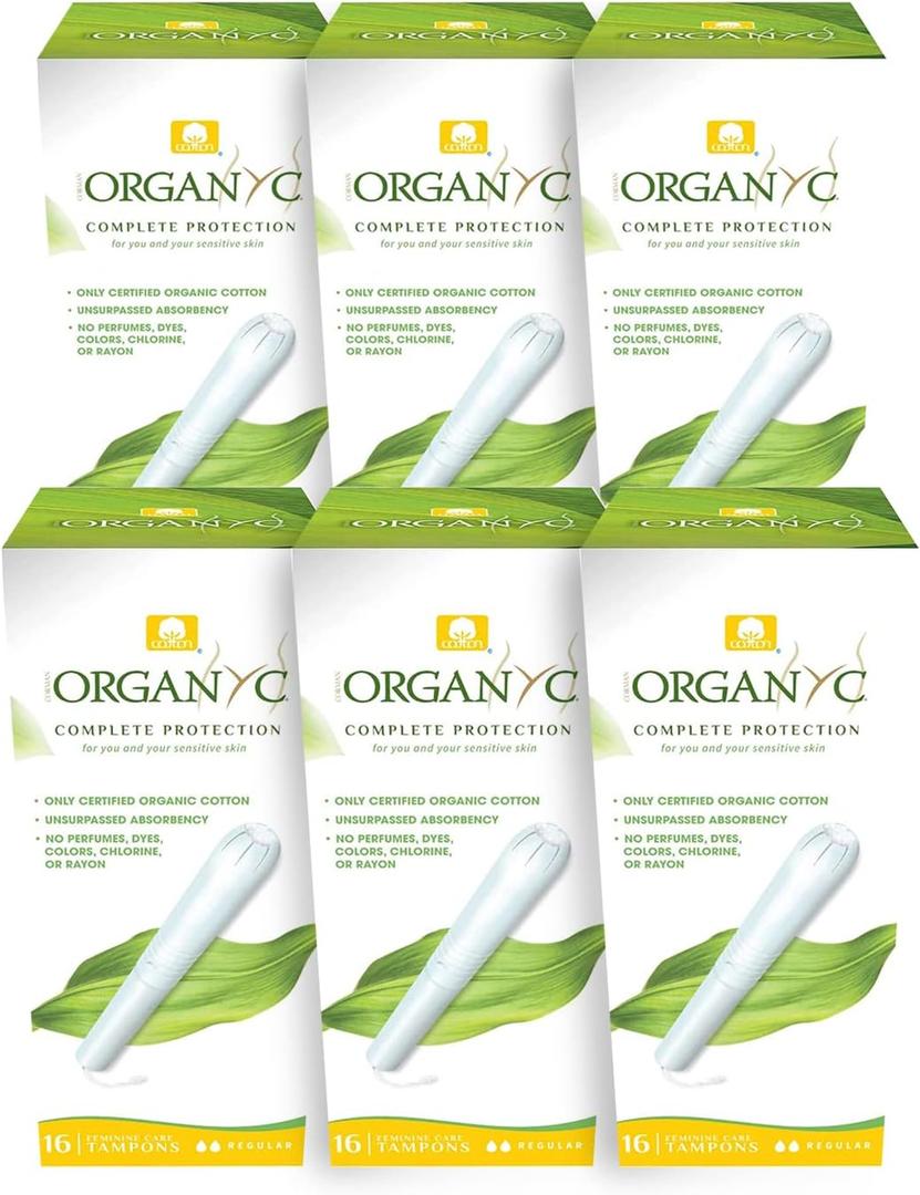 Organyc - 100% Certified Organic Cotton Tampons - Cardboard Applicator, Free from Chlorine, Perfumes, Rayon, and Chemicals, Regular Flow, 16 Count (Pack of 6).
