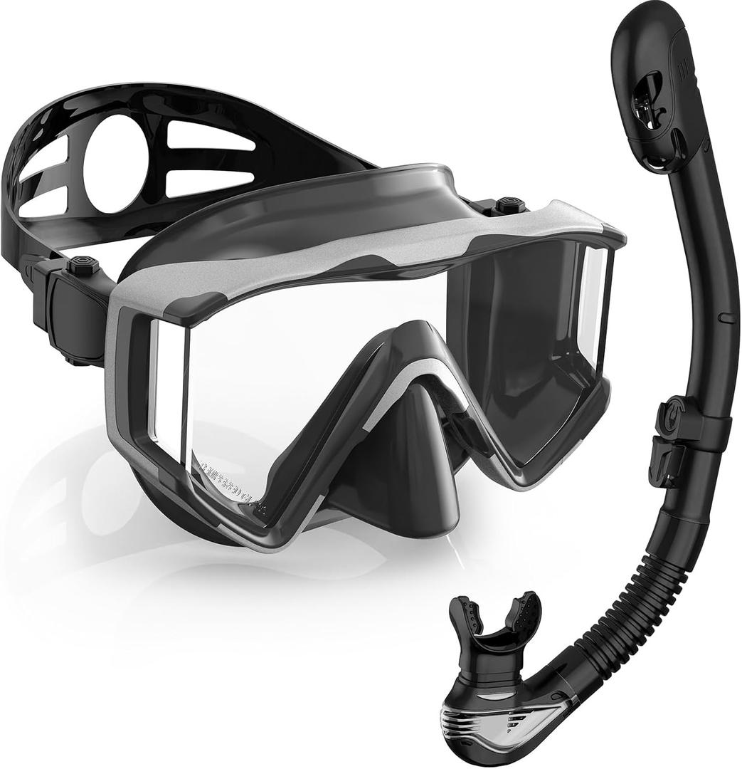 Greatever Snorkel Set Pano 3 Window Snorkel Mask Adult, Panoramic Wide View, Anti-Fog Scuba Diving Mask, Anti-Leak Snorkel Goggles Dry Top Snorkel, Professional Snorkeling Gear for Adults (Black Silver)