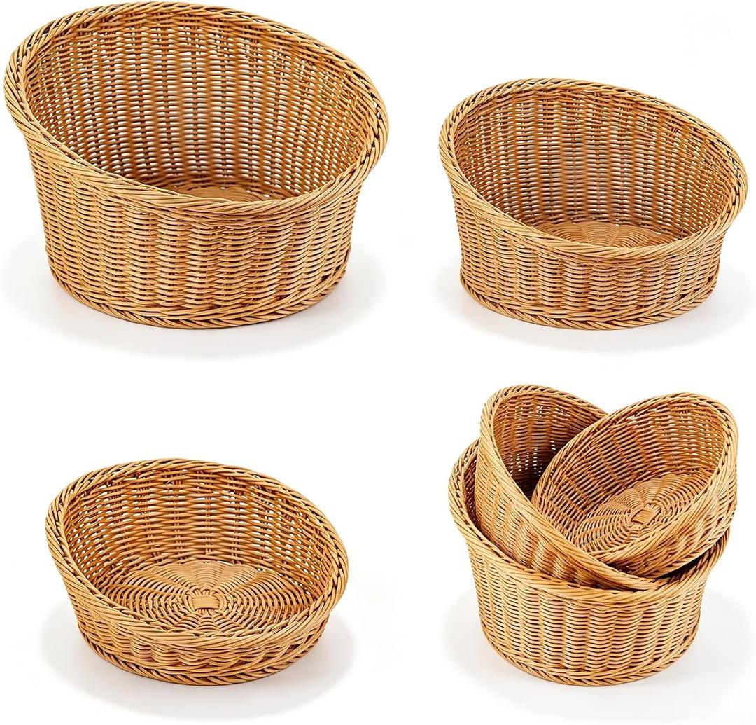 Set of 3 Rattan Bread Basket, 3 Sizes Stackable | Wicker Storage Bowls, Woven Serving Basket, Decorative Plastic Round Fruit Baskets, For Kitchen, Counter, Organizing